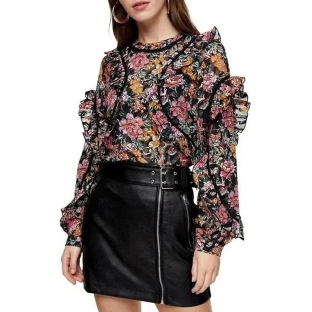 Topshop Womens 8 Black Floral Ruffle Sheer Top Crochet Lace Boho Romantic ~‎